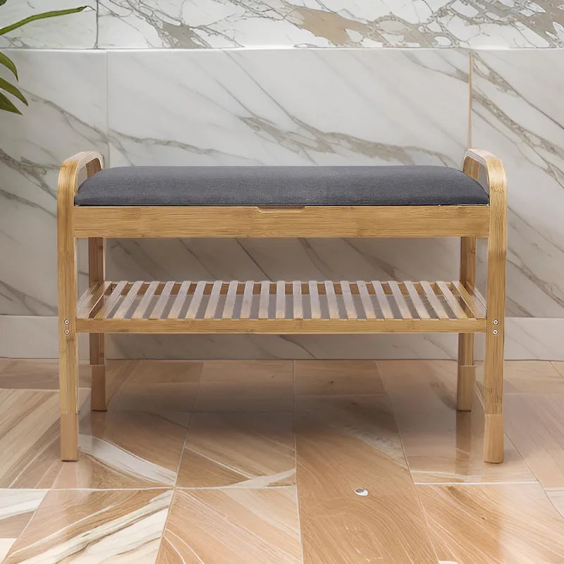 Banc de rangement pour chaussures avec siège rembourré gris et cadre en bambou brun noyer - 91 cm