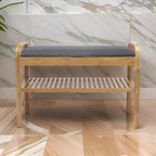 Banc de rangement pour chaussures avec siège rembourré gris et cadre en bambou brun noyer - 91 cm
