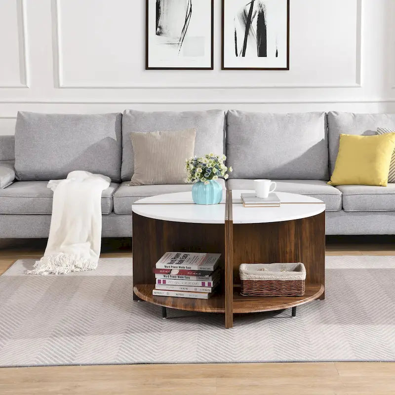 Table basse ronde industrielle avec rangement double-couche - Blanche