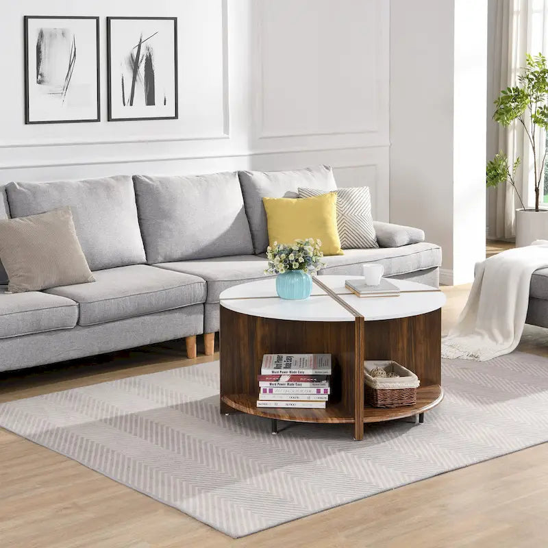 Table basse ronde industrielle avec rangement double-couche - Blanche