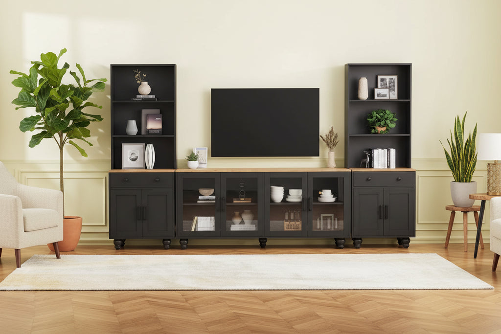TV Stand with Bookshelves & Tempered Glass Doors, Entertainment Center with Adjustable Shelves for TVs up to 70