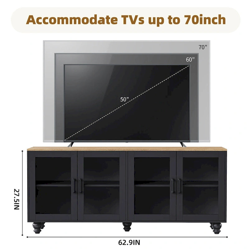 Meuble TV avec étagères et portes en verre trempé pour téléviseurs jusqu'à 70 po