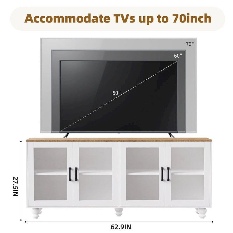 Meuble TV avec étagères et portes en verre trempé pour téléviseurs jusqu'à 70 po