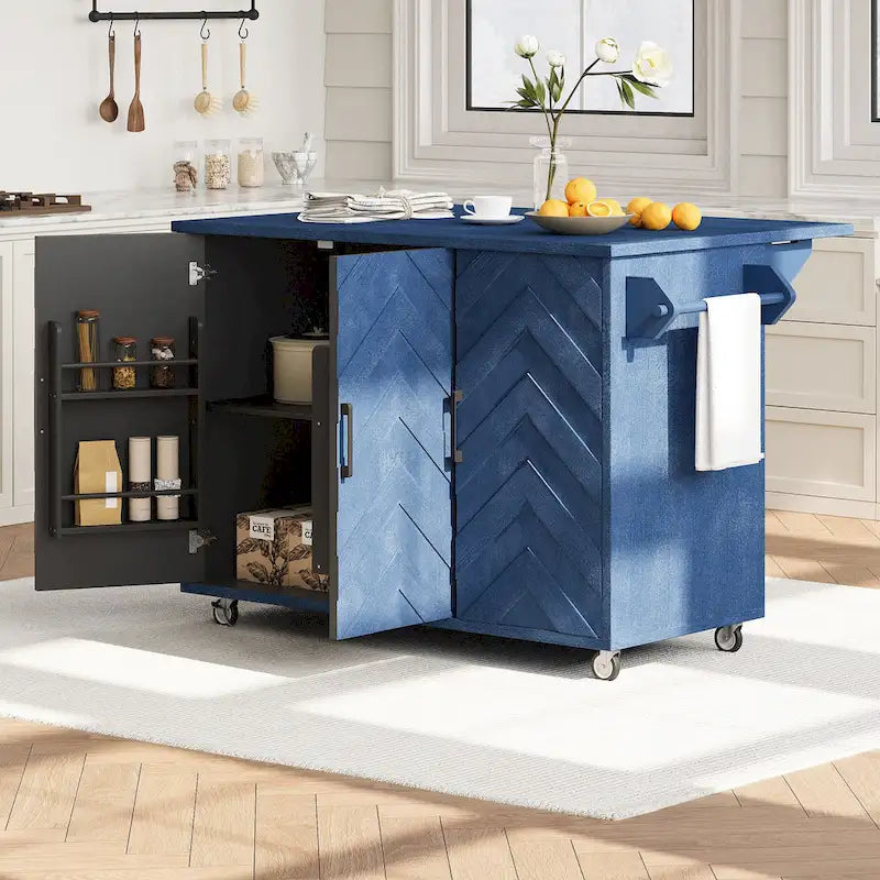 Îlot de cuisine de ferme de 130 cm avec abattant, étagère de rangement interne et roulettes