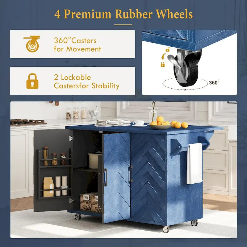 Îlot de cuisine de ferme de 130 cm avec abattant, étagère de rangement interne et roulettes