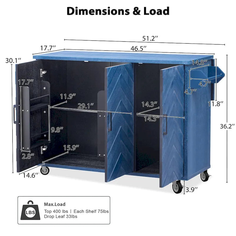 Îlot de cuisine de ferme de 130 cm avec abattant, étagère de rangement interne et roulettes