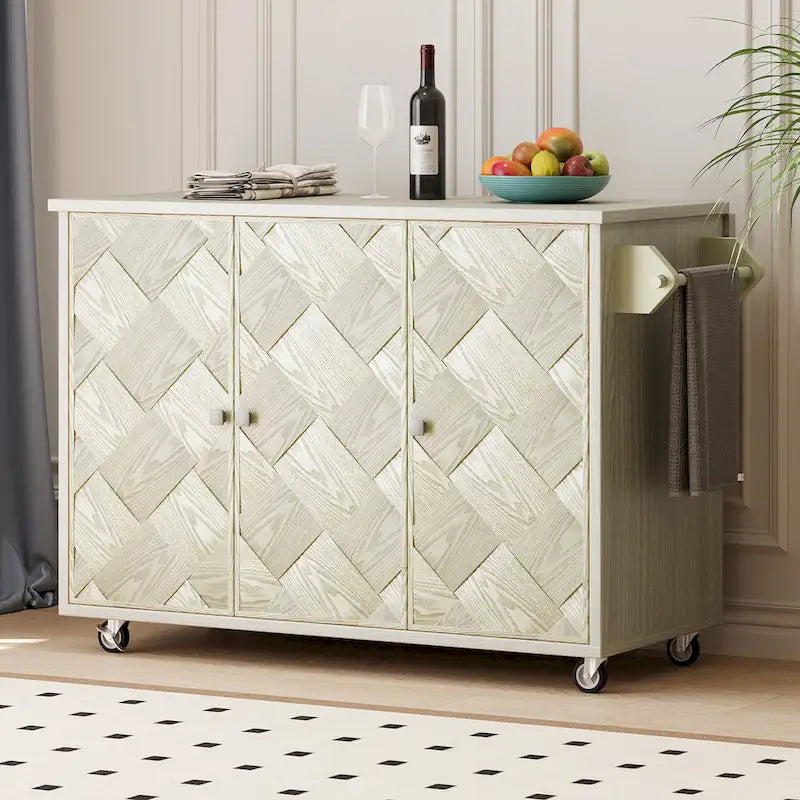 Îlot de cuisine de ferme de 130 cm avec abattant, étagère de rangement interne et roulettes