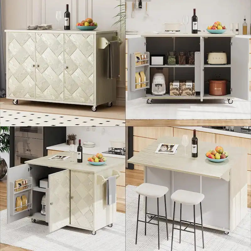 Îlot de cuisine de ferme de 130 cm avec abattant, étagère de rangement interne et roulettes