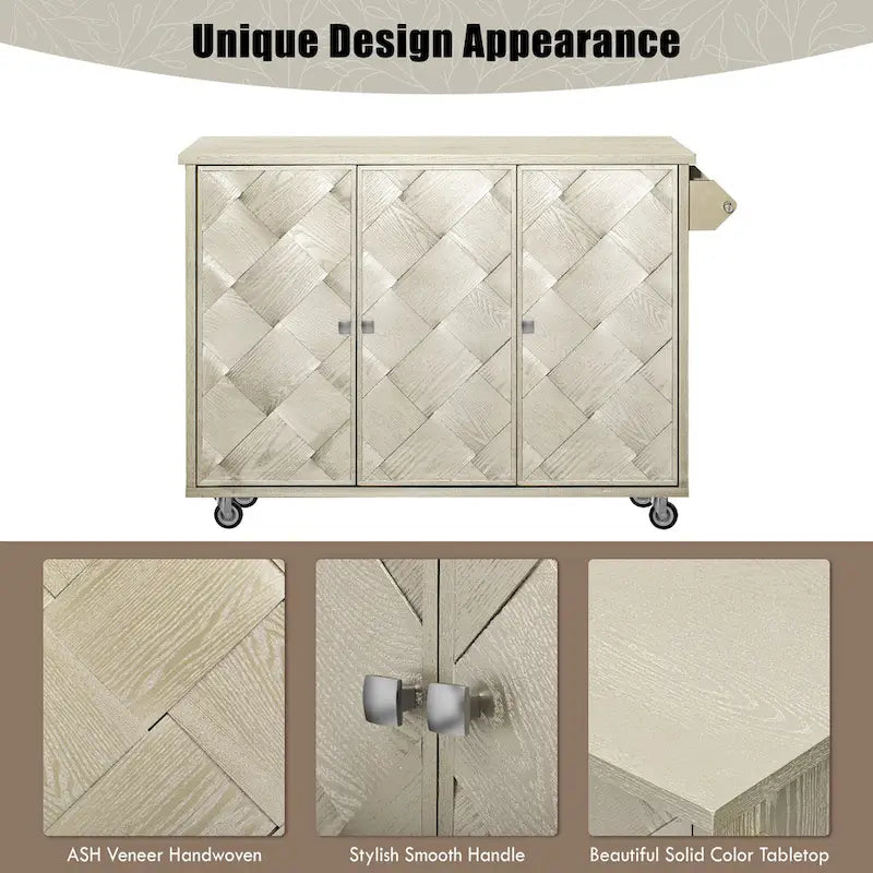 Îlot de cuisine de ferme de 130 cm avec abattant, étagère de rangement interne et roulettes