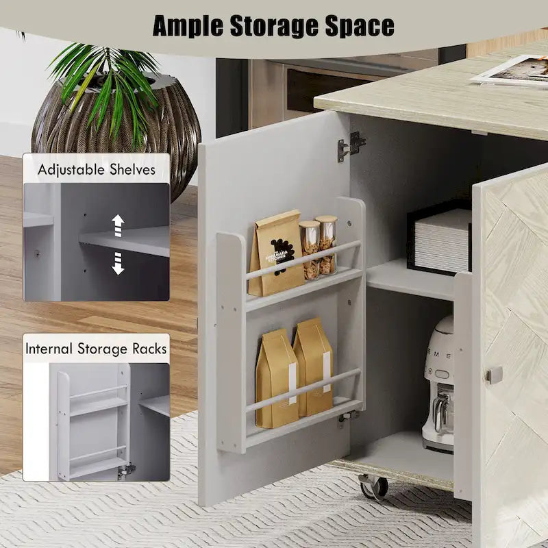 Îlot de cuisine de ferme de 130 cm avec abattant, étagère de rangement interne et roulettes