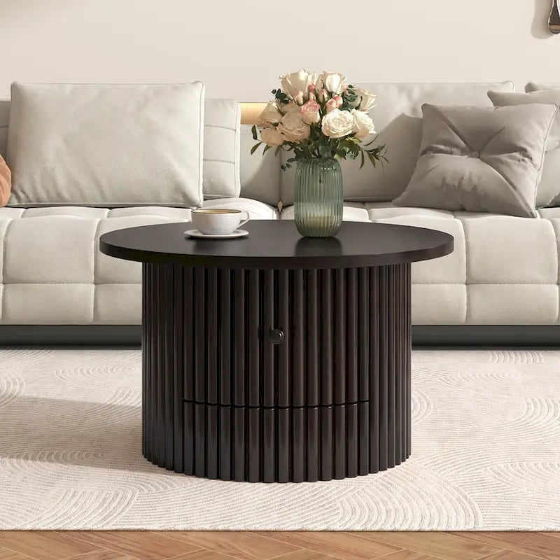Table basse de ferme ronde de 30,5 pouces avec tiroir et base à lattes verticales
