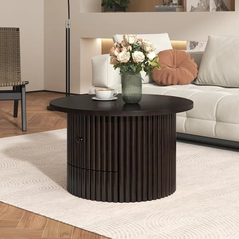 Table basse de ferme ronde de 30,5 pouces avec tiroir et base à lattes verticales