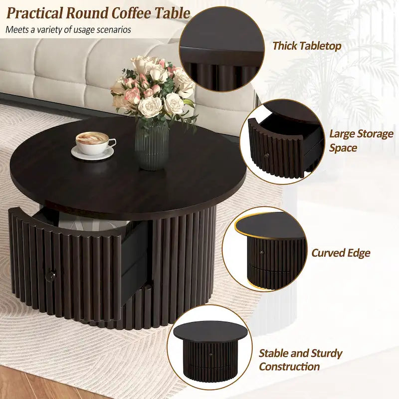 Table basse de ferme ronde de 30,5 pouces avec tiroir et base à lattes verticales
