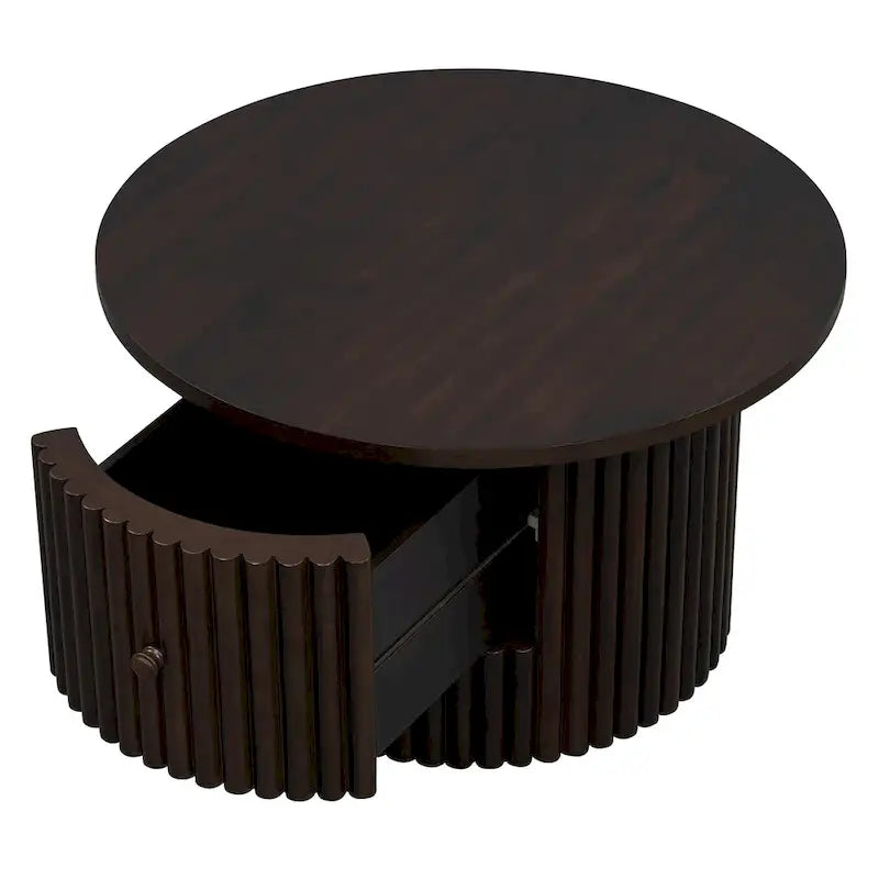 Table basse de ferme ronde de 30,5 pouces avec tiroir et base à lattes verticales