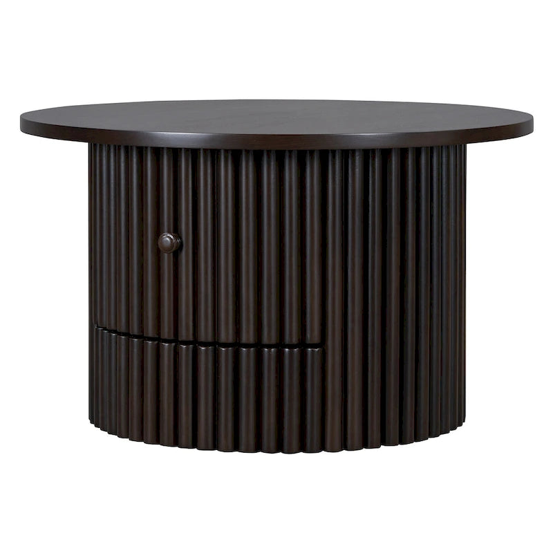 Table basse de ferme ronde de 30,5 pouces avec tiroir et base à lattes verticales