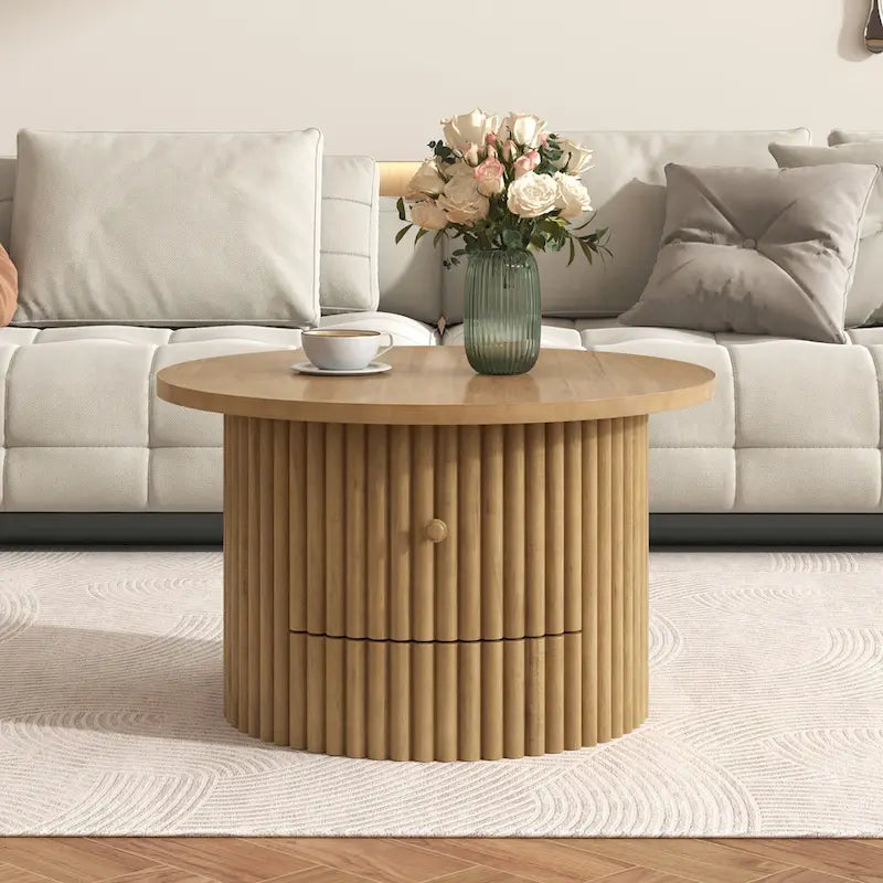 Table basse de ferme ronde de 30,5 pouces avec tiroir et base à lattes verticales