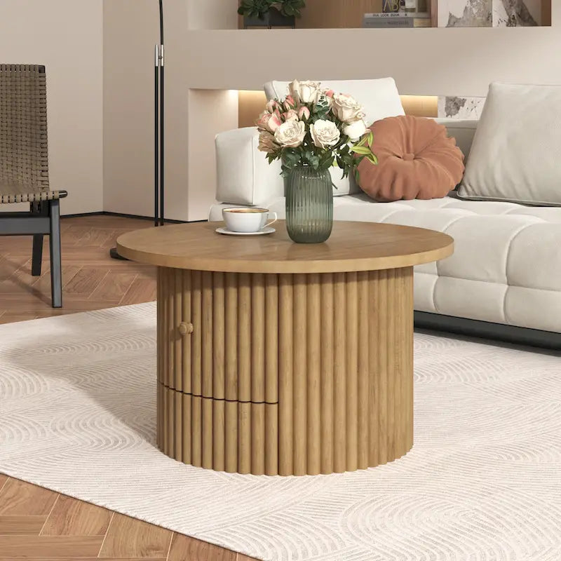 Table basse de ferme ronde de 30,5 pouces avec tiroir et base à lattes verticales