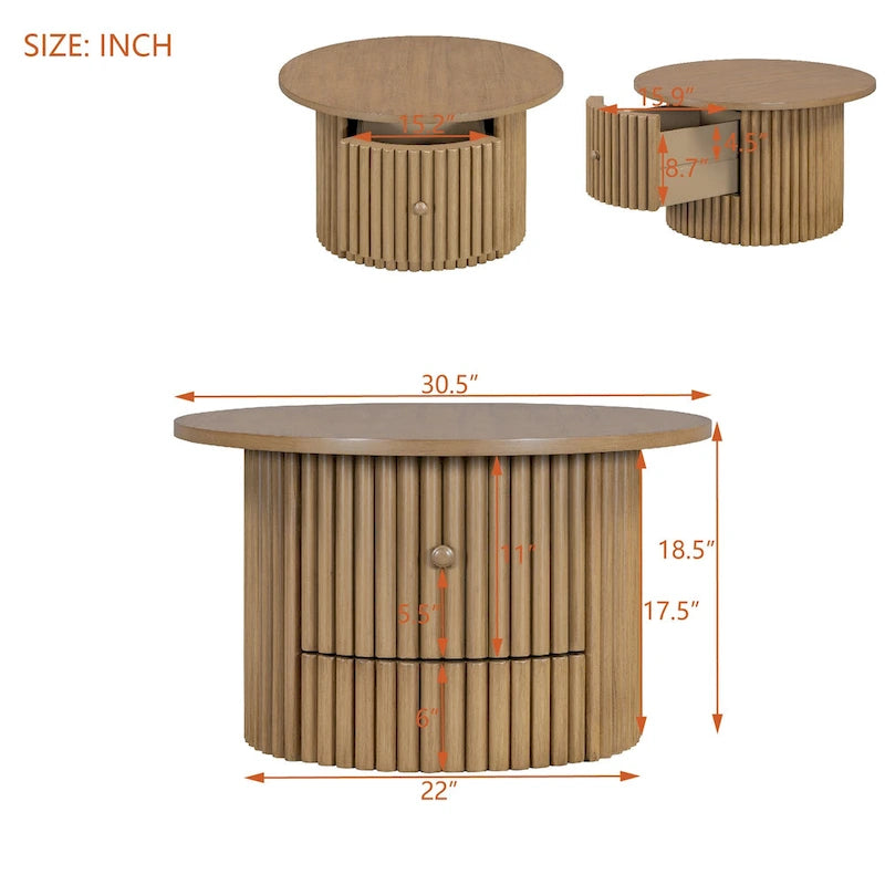 Table basse de ferme ronde de 30,5 pouces avec tiroir et base à lattes verticales
