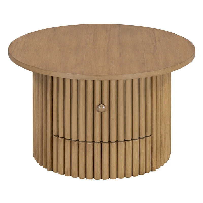 Table basse de ferme ronde de 30,5 pouces avec tiroir et base à lattes verticales