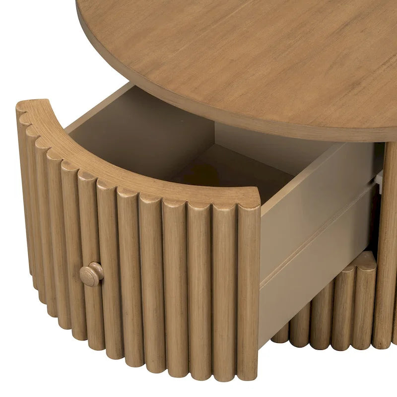 Table basse de ferme ronde de 30,5 pouces avec tiroir et base à lattes verticales