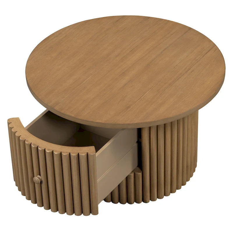 Table basse de ferme ronde de 30,5 pouces avec tiroir et base à lattes verticales