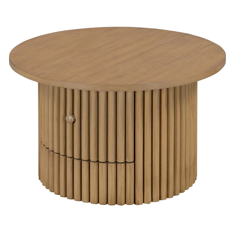 Table basse de ferme ronde de 30,5 pouces avec tiroir et base à lattes verticales
