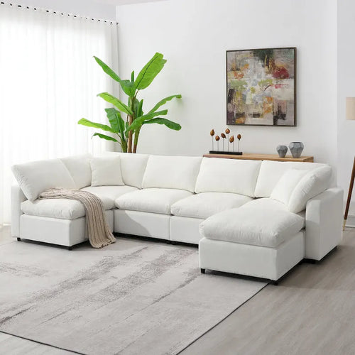 Beige 130 Chenille Cloud U-Shaped Sleeper Sectional Sofa, 6-Piece Modular Design