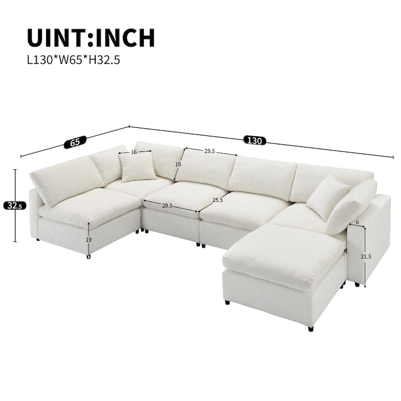 Canapé sectionnel de veilleuse en forme de U en chenille beige de 330 cm avec pouf - 150 kg/place