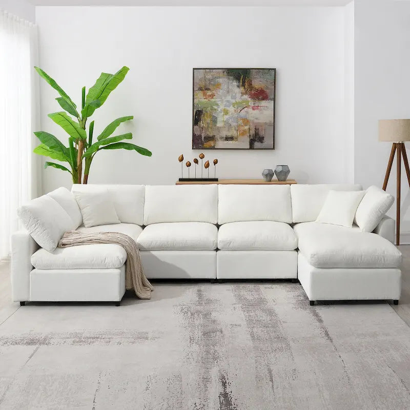 Canapé sectionnel de veilleuse en forme de U en chenille beige de 330 cm avec pouf - 150 kg/place