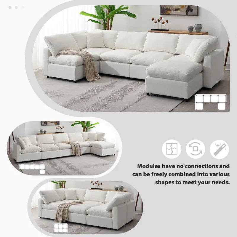 Canapé sectionnel de veilleuse en forme de U en chenille beige de 330 cm avec pouf - 150 kg/place