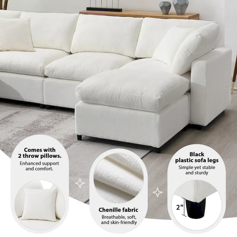 Canapé sectionnel de veilleuse en forme de U en chenille beige de 330 cm avec pouf - 150 kg/place