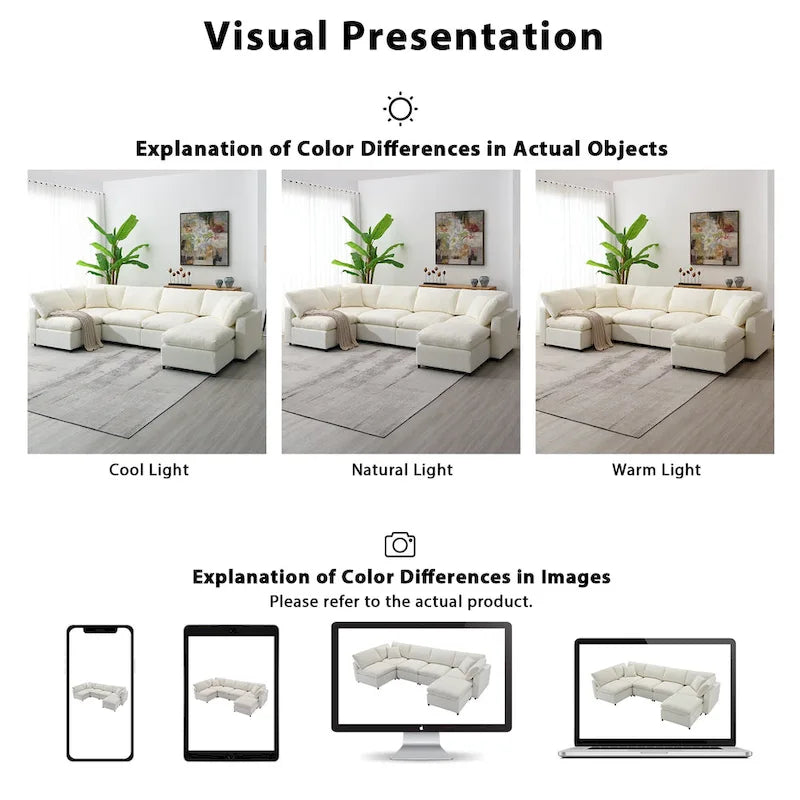 Canapé sectionnel de veilleuse en forme de U en chenille beige de 330 cm avec pouf - 150 kg/place