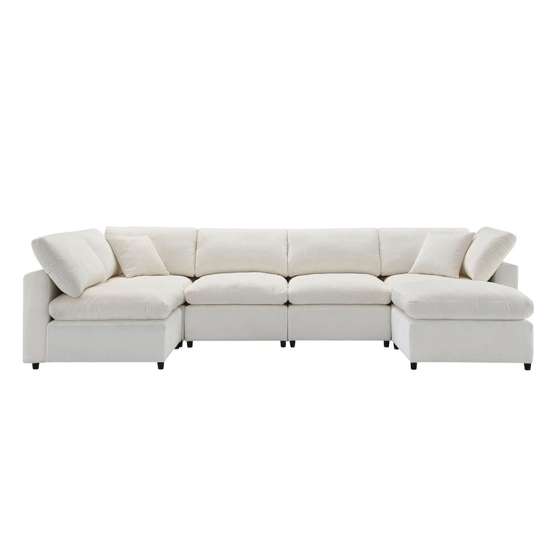 Canapé sectionnel de veilleuse en forme de U en chenille beige de 330 cm avec pouf - 150 kg/place