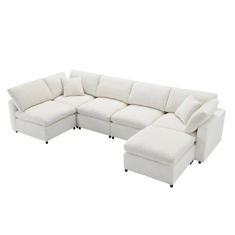 Canapé sectionnel de veilleuse en forme de U en chenille beige de 330 cm avec pouf - 150 kg/place