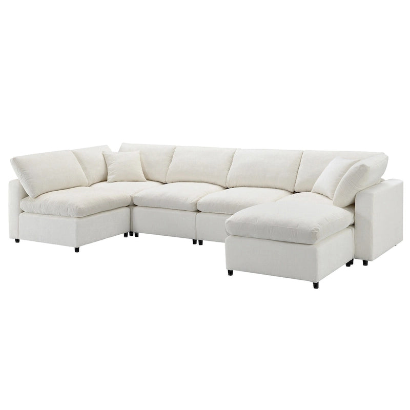 Canapé sectionnel de veilleuse en forme de U en chenille beige de 330 cm avec pouf - 150 kg/place
