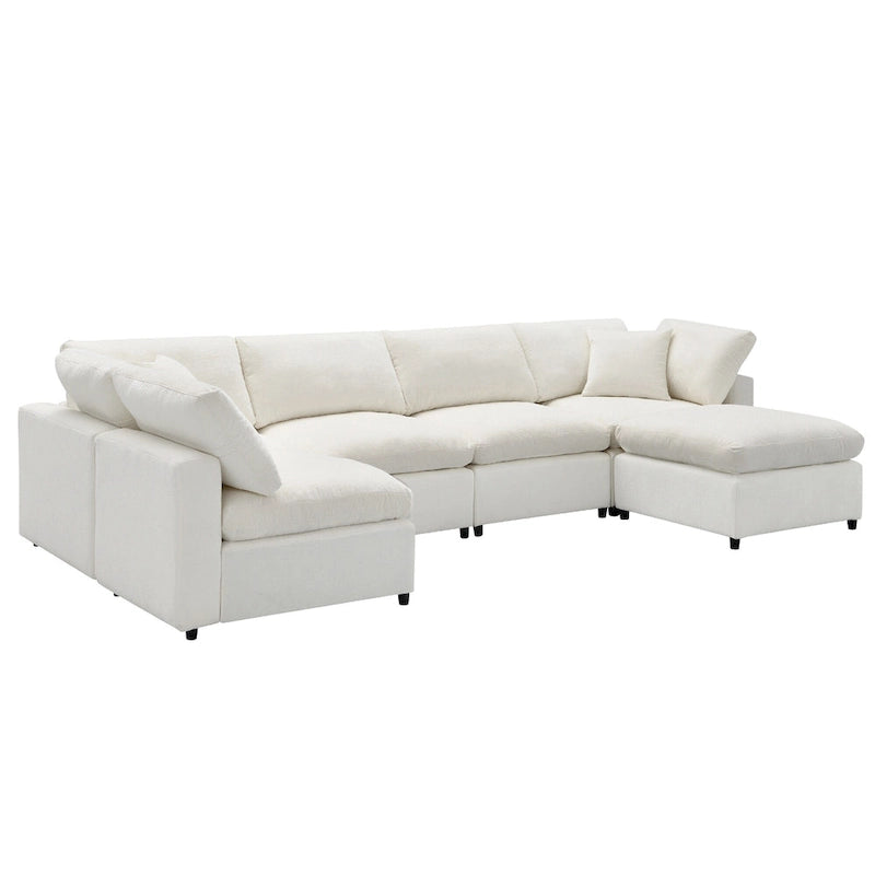Canapé sectionnel de veilleuse en forme de U en chenille beige de 330 cm avec pouf - 150 kg/place