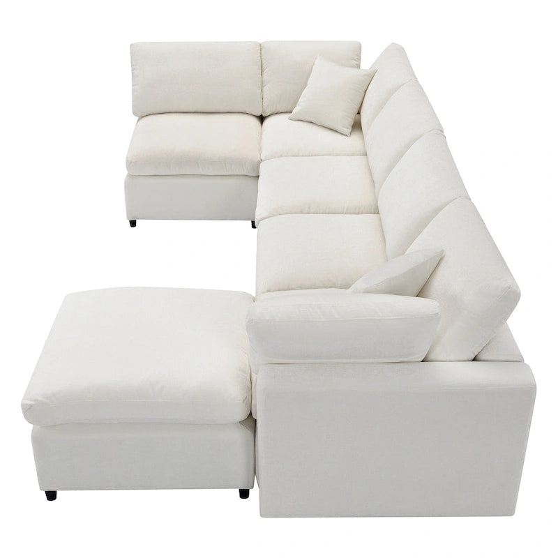 Canapé sectionnel de veilleuse en forme de U en chenille beige de 330 cm avec pouf - 150 kg/place