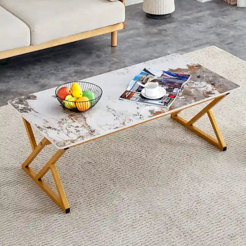 Table basse rectangulaire moderne de 120 cm avec plateau en pierre frittée et pieds en métal en forme de X