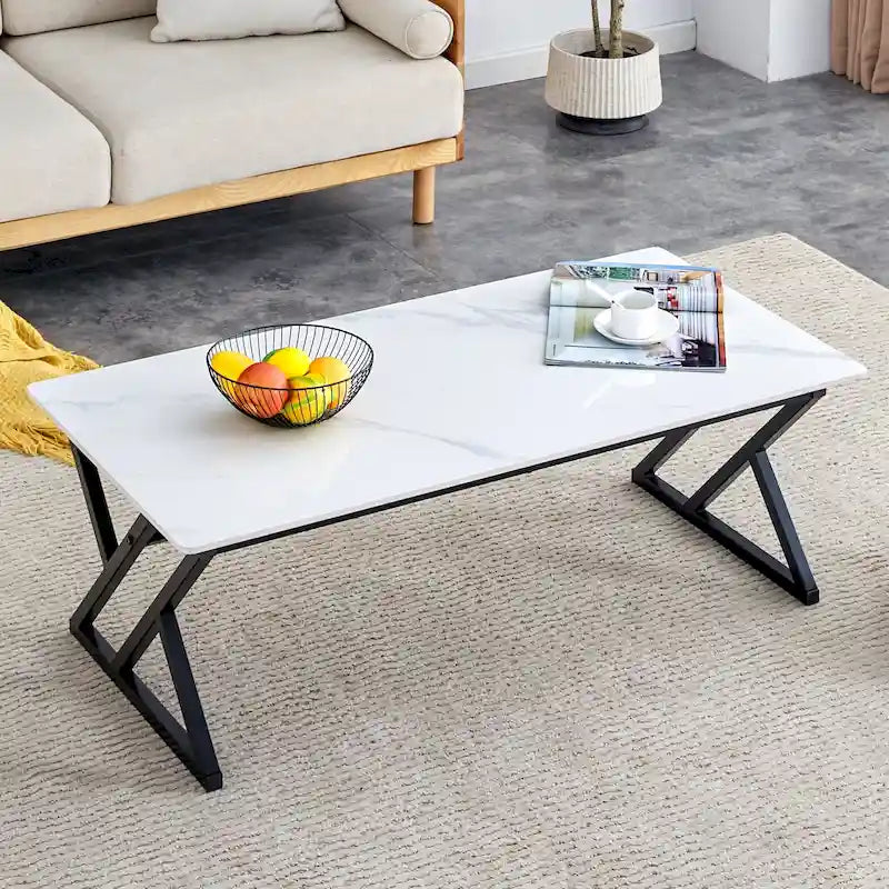 Table basse rectangulaire moderne de 120 cm avec plateau en pierre frittée et pieds en métal en forme de X