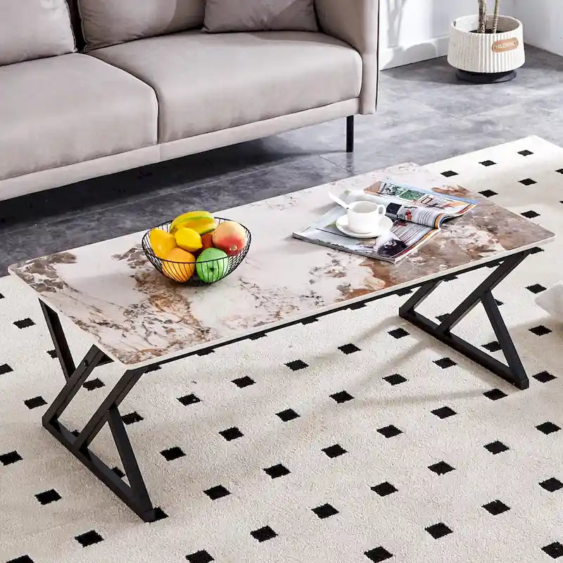 Table basse rectangulaire moderne de 120 cm avec plateau en pierre frittée et pieds en métal en forme de X