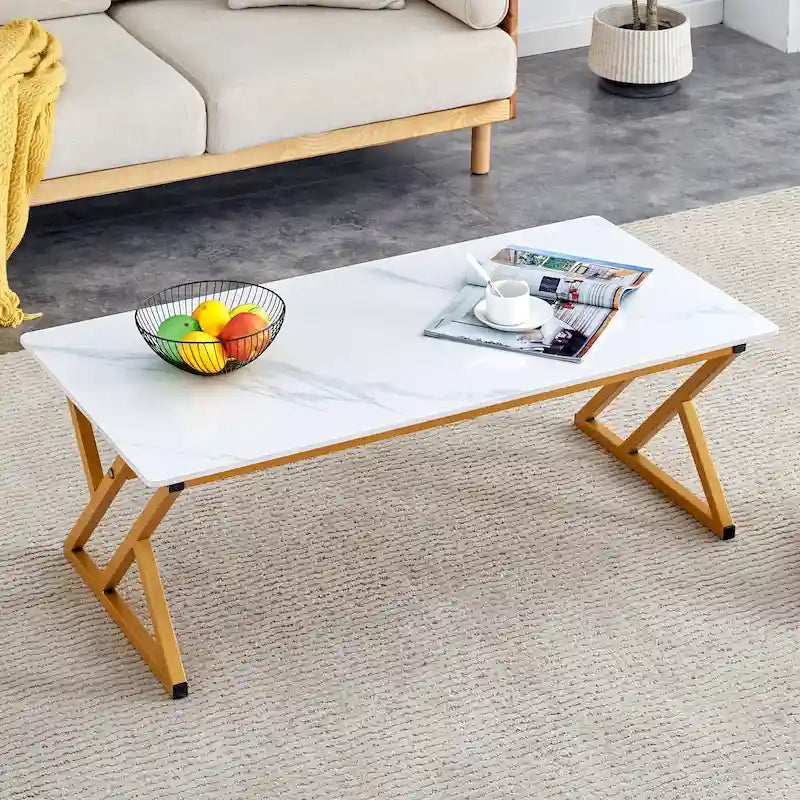 Table basse rectangulaire moderne de 120 cm avec plateau en pierre frittée et pieds en métal en forme de X