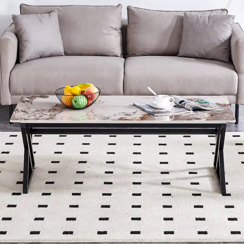 Table basse rectangulaire moderne de 120 cm avec plateau en pierre frittée et pieds en métal en forme de X