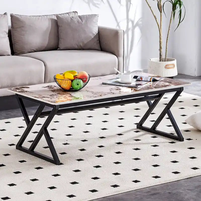 Table basse rectangulaire moderne de 120 cm avec plateau en pierre frittée et pieds en métal en forme de X
