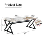Table basse rectangulaire moderne de 120 cm avec plateau en pierre frittée et pieds en métal en forme de X