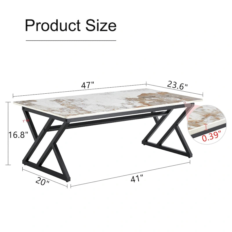 Table basse rectangulaire moderne de 120 cm avec plateau en pierre frittée et pieds en métal en forme de X