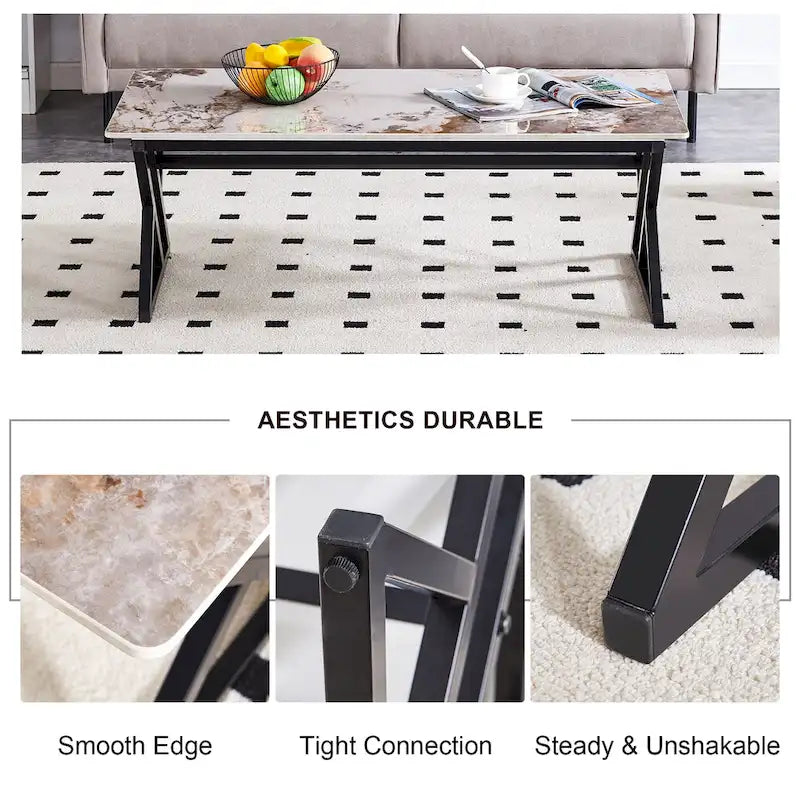 Table basse rectangulaire moderne de 120 cm avec plateau en pierre frittée et pieds en métal en forme de X