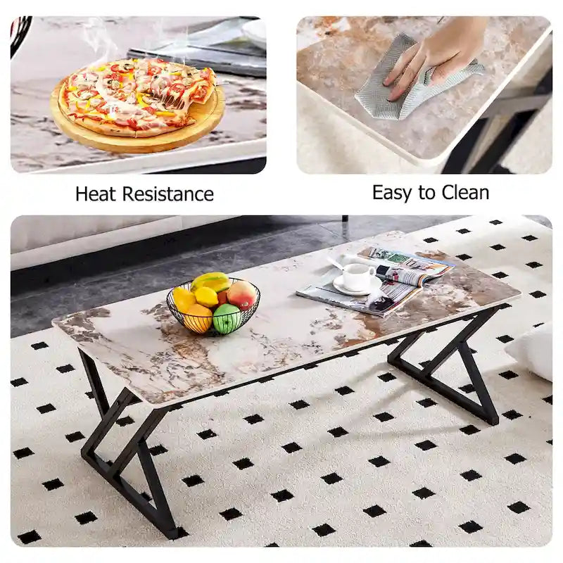 Table basse rectangulaire moderne de 120 cm avec plateau en pierre frittée et pieds en métal en forme de X