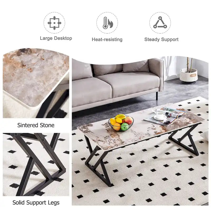 Table basse rectangulaire moderne de 120 cm avec plateau en pierre frittée et pieds en métal en forme de X