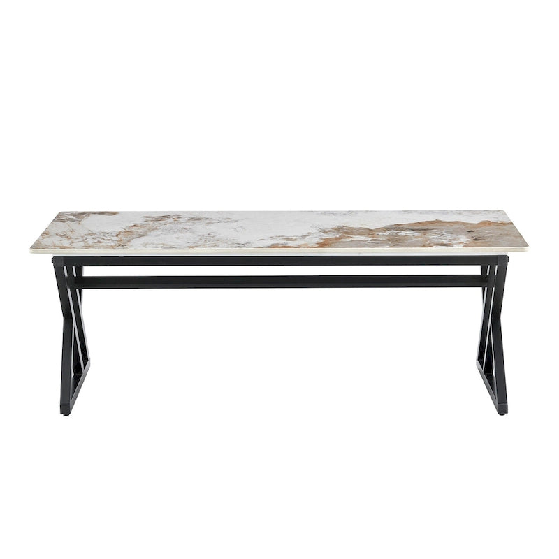 Table basse rectangulaire moderne de 120 cm avec plateau en pierre frittée et pieds en métal en forme de X