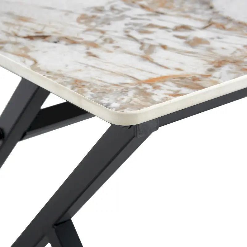 Table basse rectangulaire moderne de 120 cm avec plateau en pierre frittée et pieds en métal en forme de X